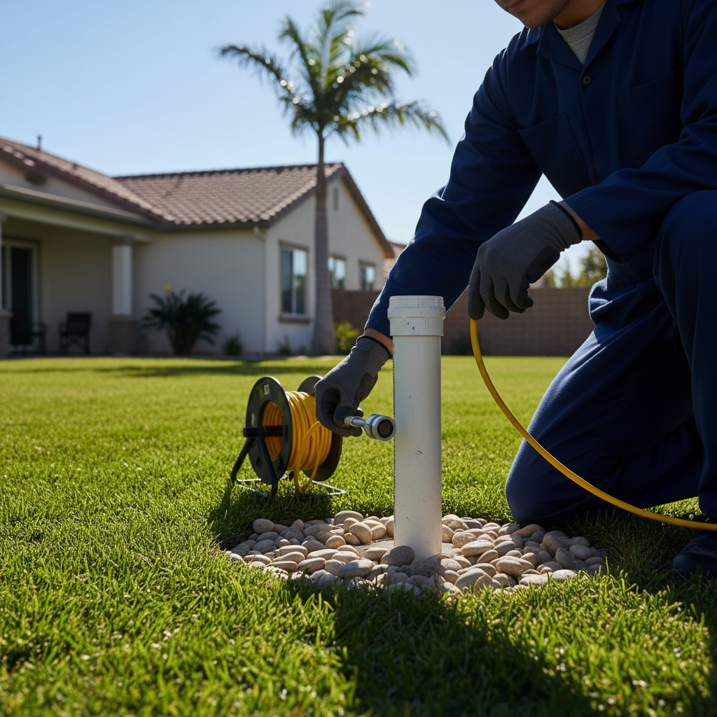 A certified Murgreen Environmental technician performing a sewer camera inspection in a residential Concord, CA backyard.
