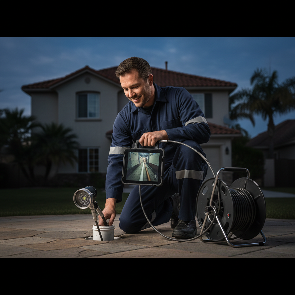 A professional Murgreen technician using a camera scope to inspect a residential sewer line in Brentwood, CA.