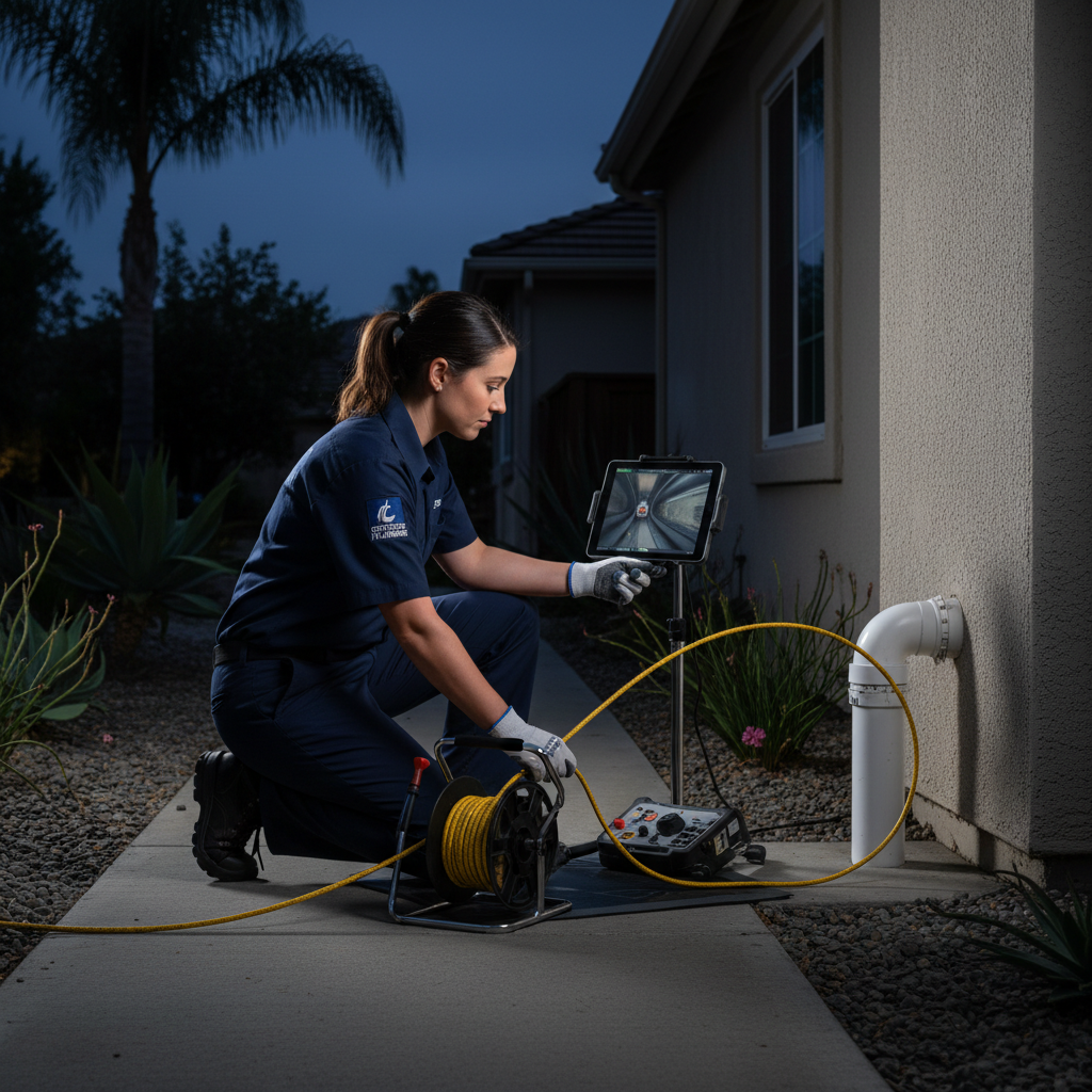 Professional plumber from Murgreen Environmental performing a sewer camera inspection in a Pinole, CA home.