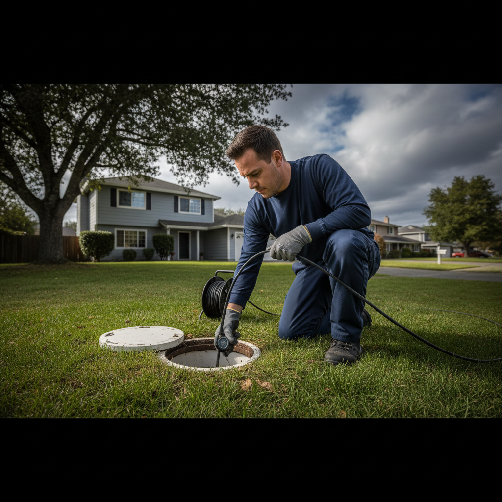 Professional Murgreen Environmental technician inspecting a residential sewer line cleanout in Antioch, CA.