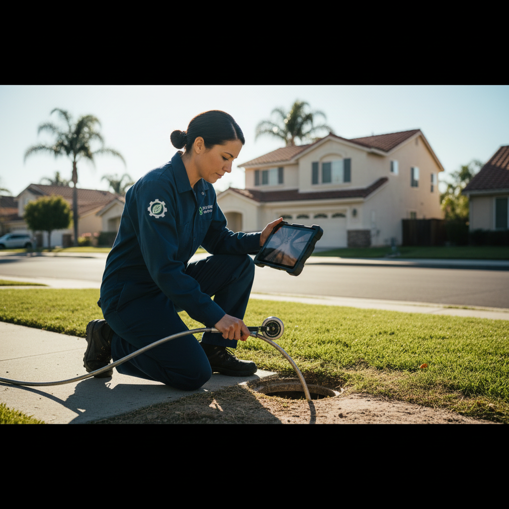 A Murgreen Environmental technician performing a sewer camera inspection at a home in Milpitas, California.