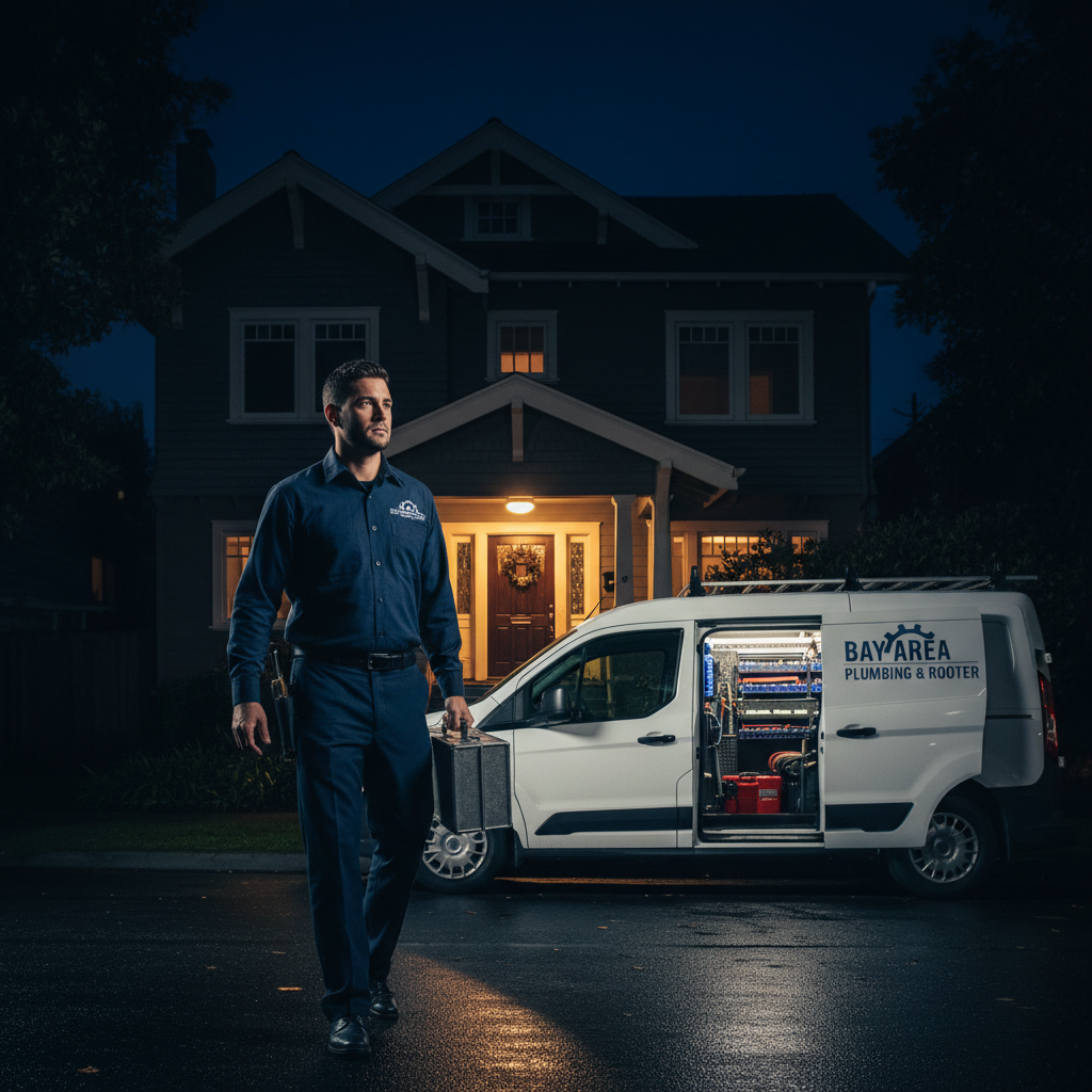 Murgreen Environmental technician arriving at an Alameda home at night for an emergency plumbing repair call.
