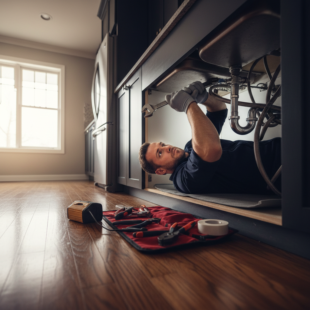 A professional Murgreen Environmental technician performing an emergency plumbing repair under a residential kitchen sink in Antioch, CA.