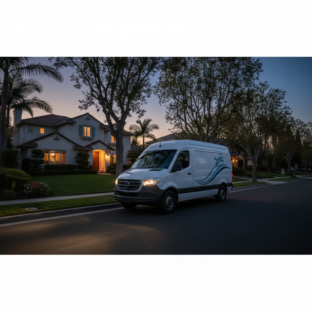 Murgreen Environmental Company van parked in a Brentwood, CA neighborhood at night for an emergency plumbing call.