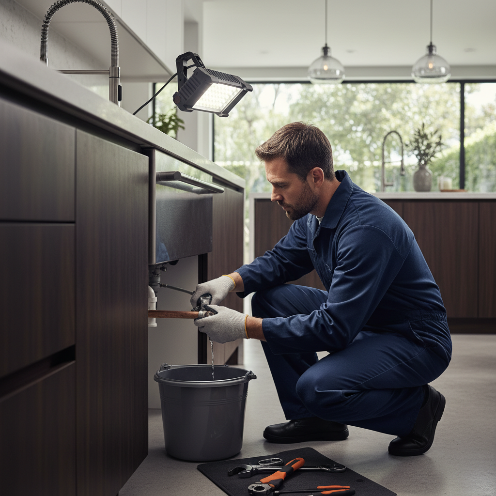 Murgreen Environmental Company plumber uses a wrench to fix a leaking pipe under a sink in a Lodi, CA home.