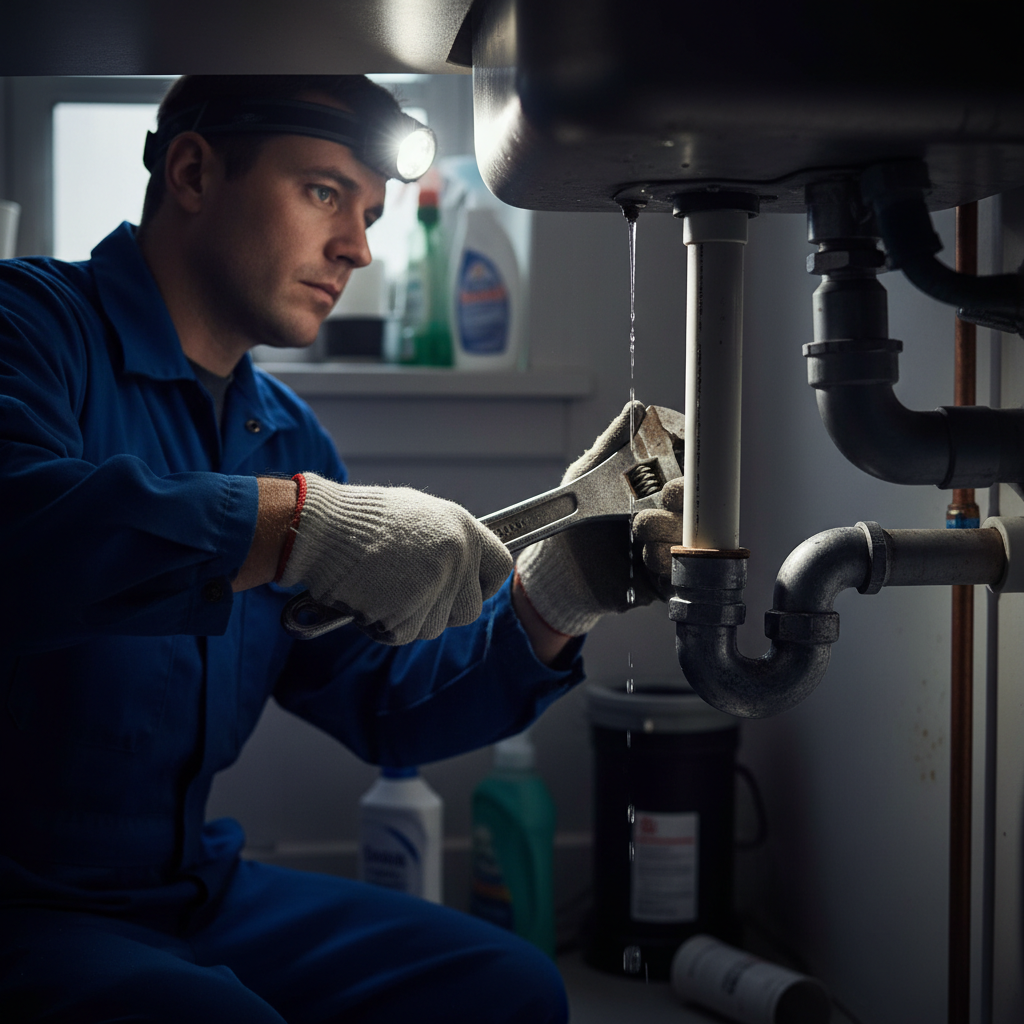 A licensed Murgreen Environmental plumber fixing an emergency pipe leak under a kitchen sink in a Manteca, California home.