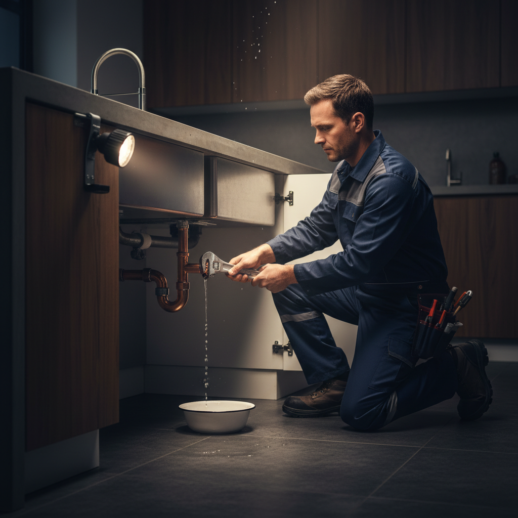 A professional Murgreen plumber working on an emergency pipe repair under a kitchen sink in a Merced, CA home.