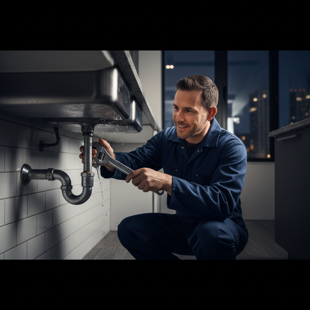 Murgreen emergency plumber fixing a burst pipe under a kitchen sink in a Pleasanton, CA home.