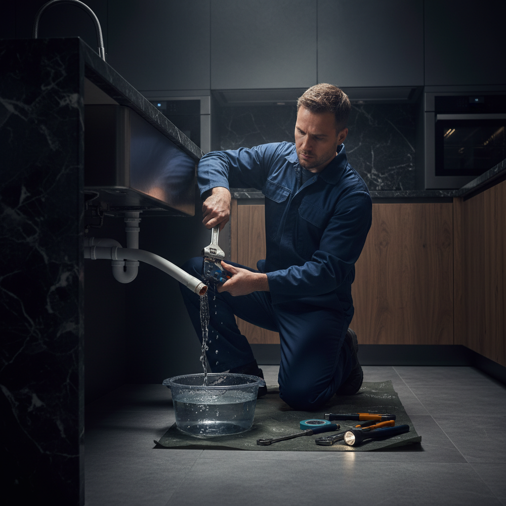 A Murgreen Environmental Company professional plumber efficiently repairing a burst pipe underneath a kitchen sink in a Hillsborough home.