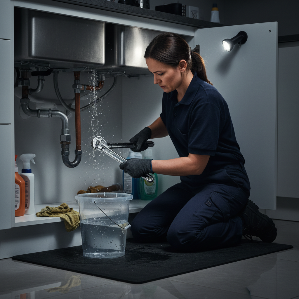 A Murgreen Environmental Company professional plumber fixing a burst pipe under a kitchen sink in a Milpitas home.