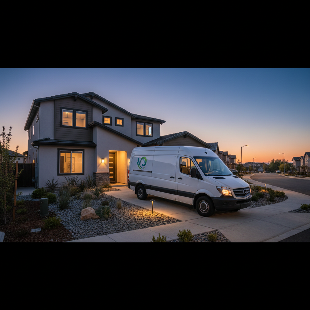 Murgreen Environmental emergency plumbing truck parked in a residential Mountain House neighborhood at night.