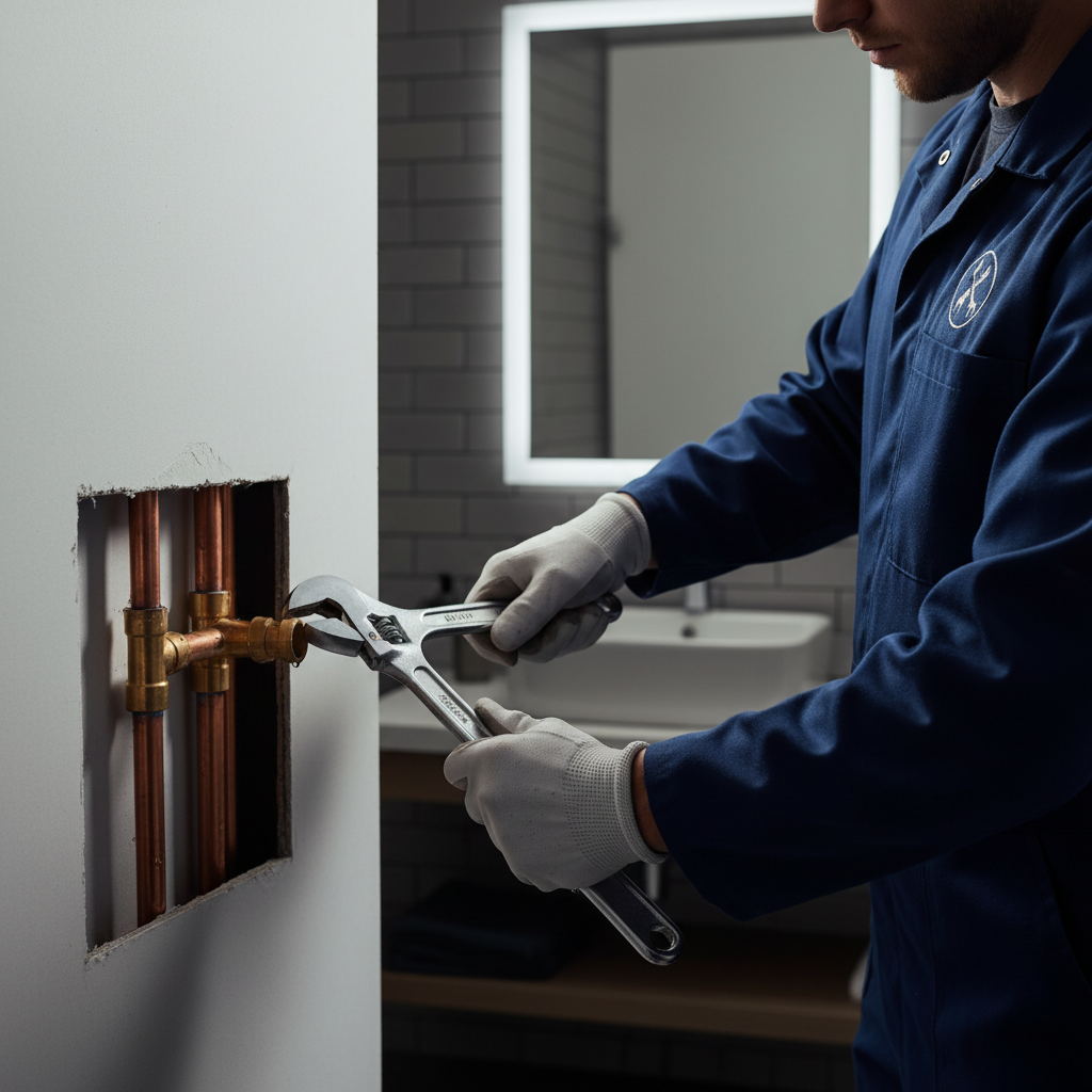A professional Murgreen Environmental plumber using specialized tools to fix a burst pipe inside a residential wall in Pinole, CA.