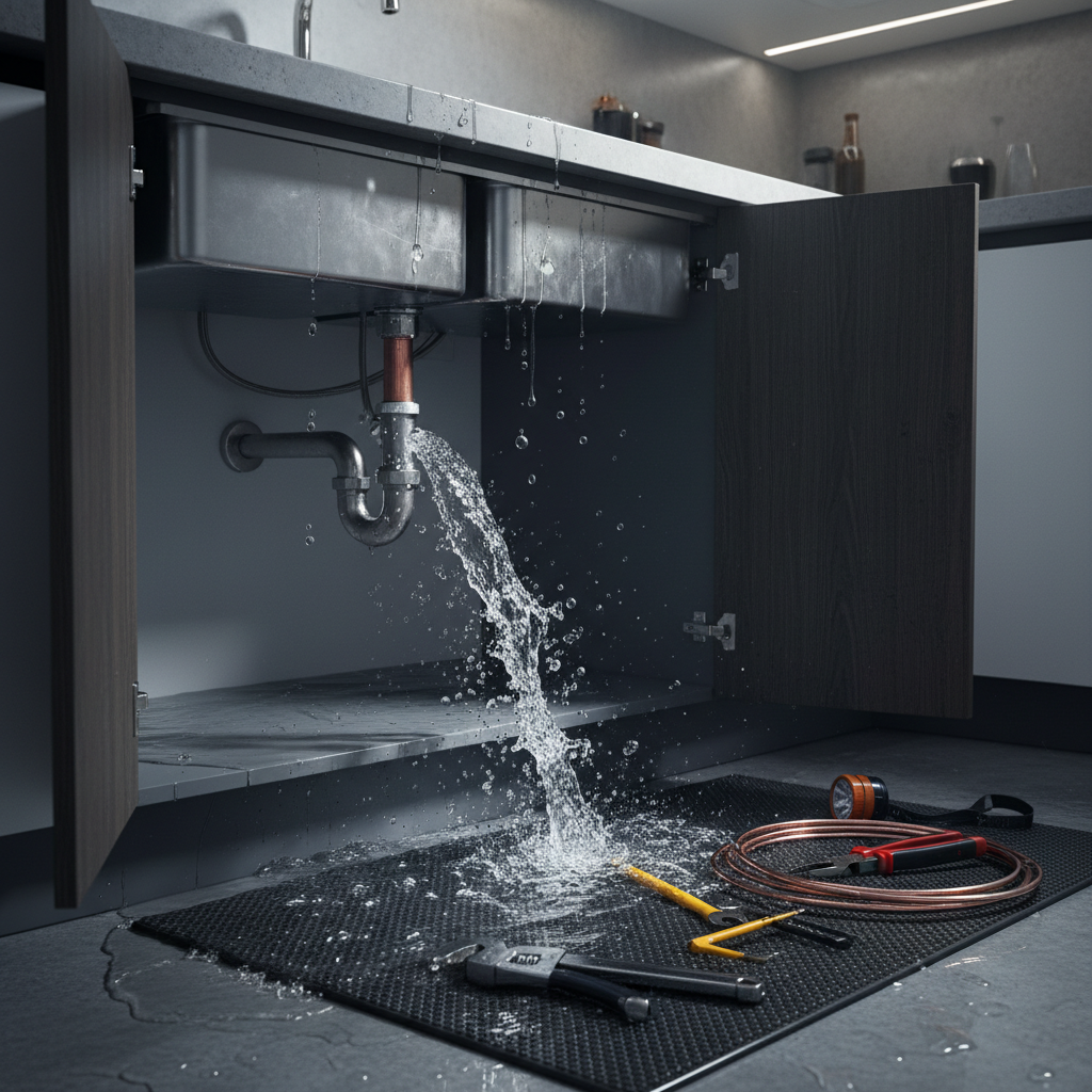 Water spraying from a burst pipe under a kitchen sink in a Pittsburg, CA home, with a toolbox nearby.