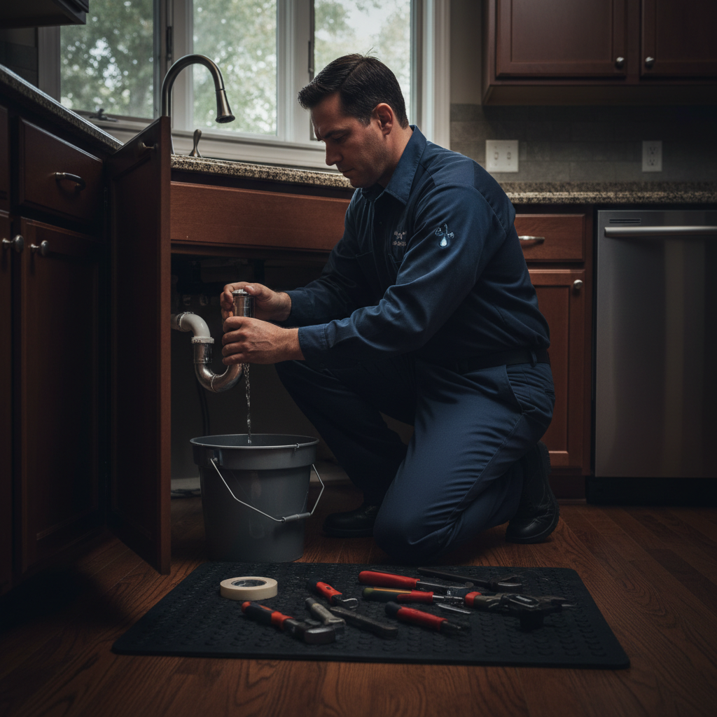 A licensed Murgreen Environmental plumber promptly addressing an emergency leak under a sink in a Brisbane, California home.