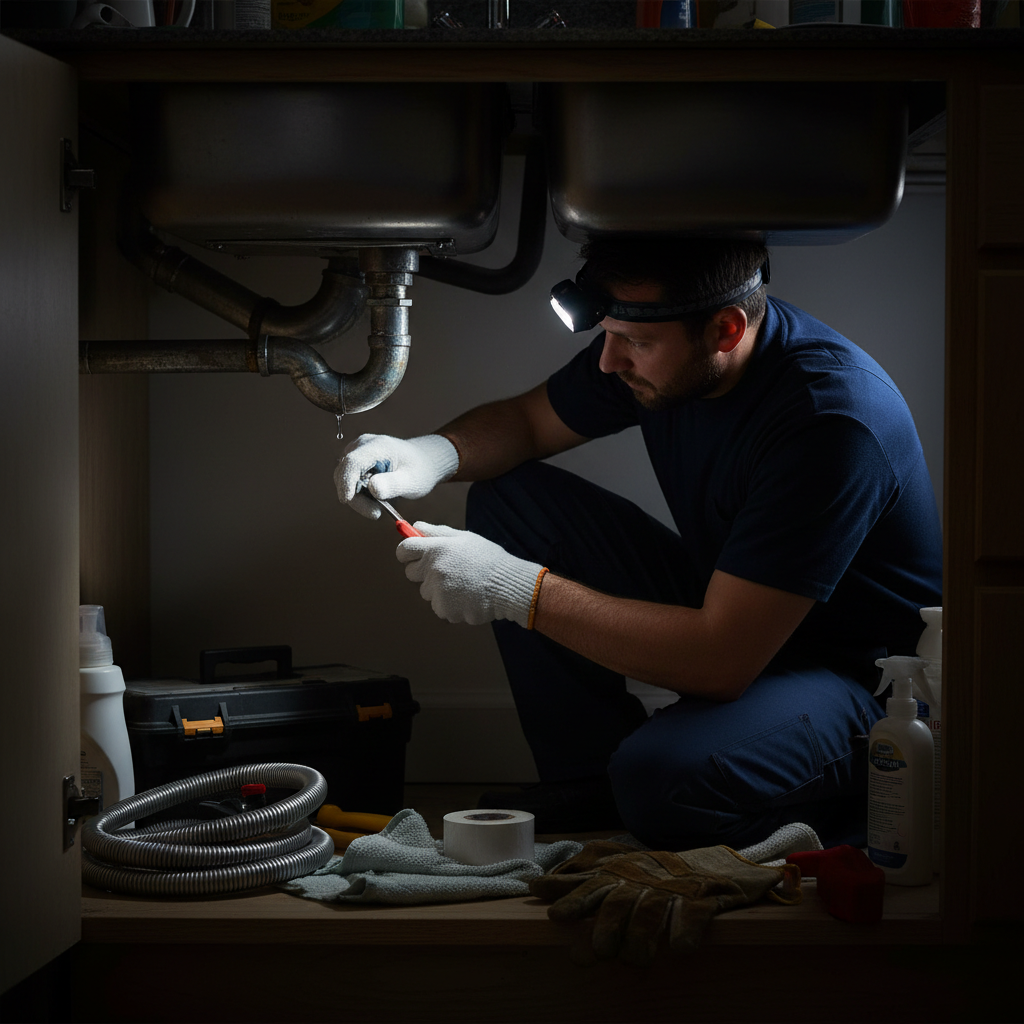 A professional Murgreen Environmental plumber using a flashlight to inspect a leaking pipe under a kitchen sink in a Ceres, CA home.