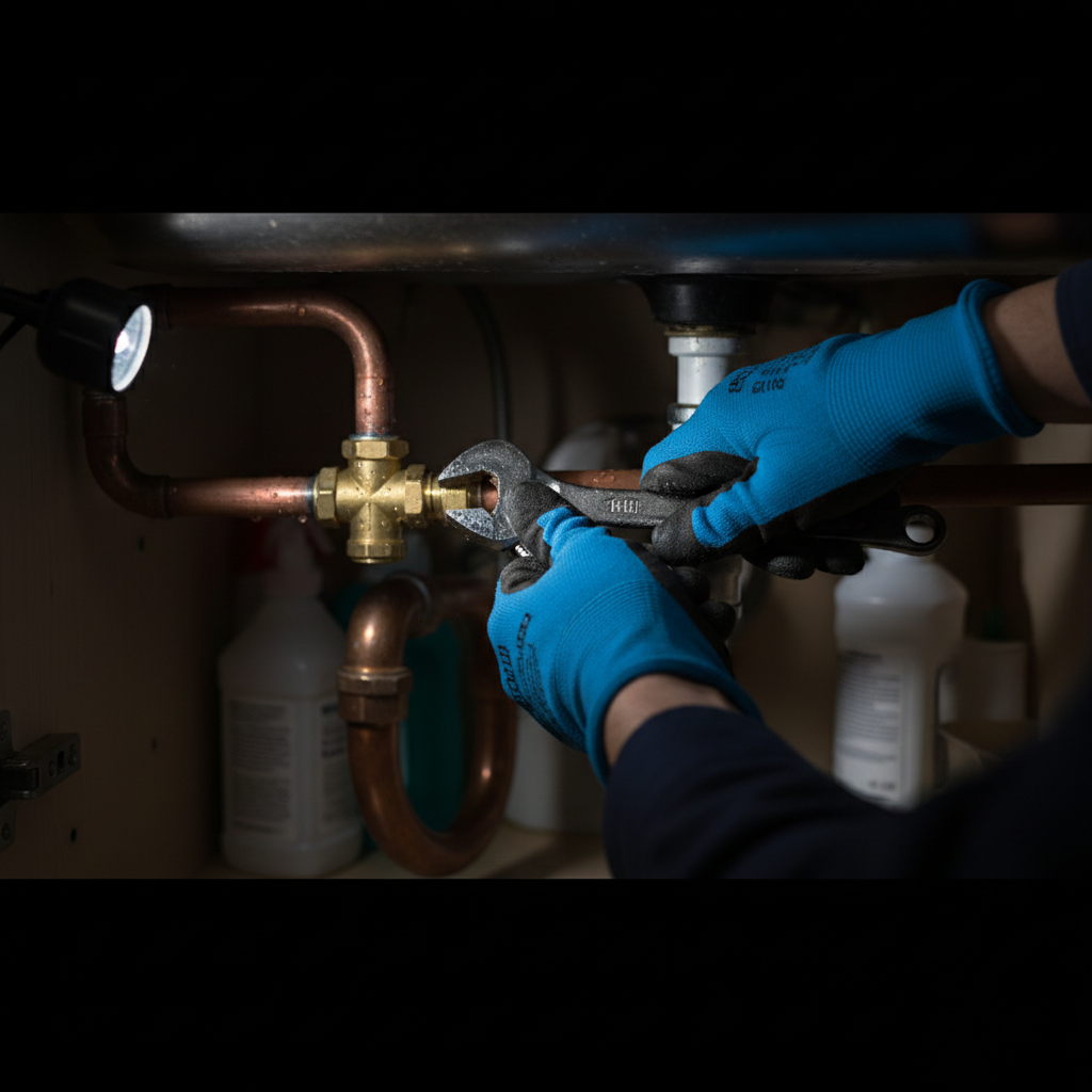 A professional plumber from Murgreen Environmental working to fix a burst pipe under a kitchen sink in a Fresno home.