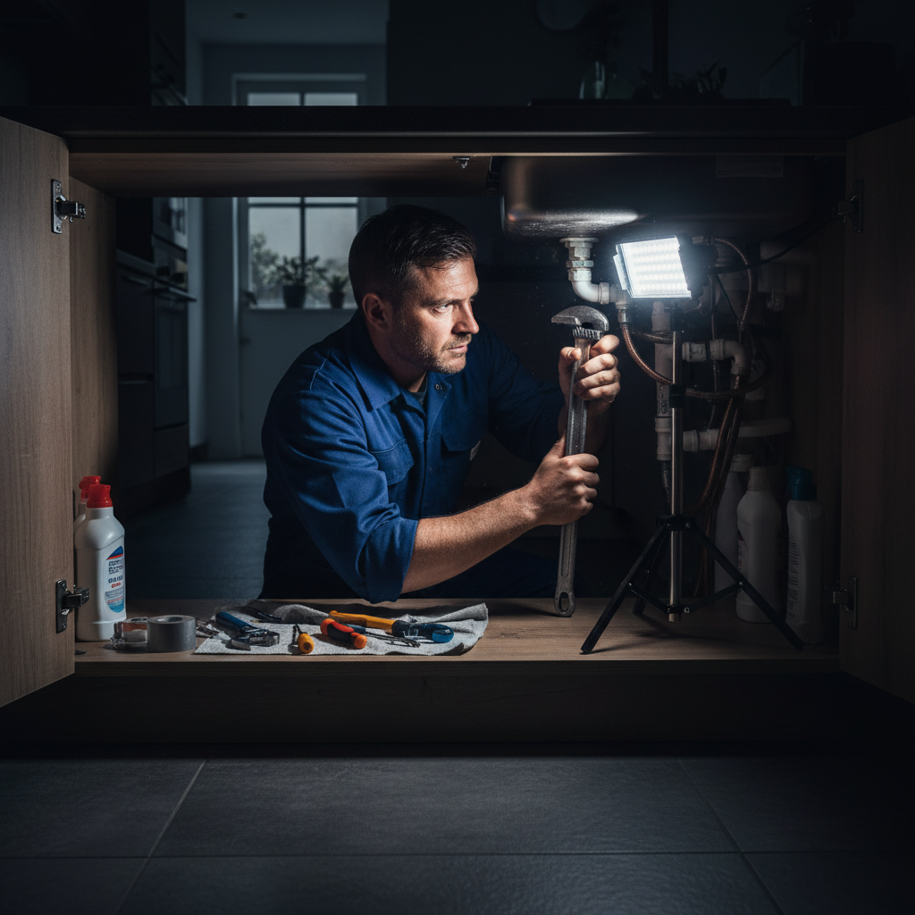 A Murgreen Environmental Company plumber competently fixing a leaking pipe under a kitchen sink in a Livermore, CA home at night.