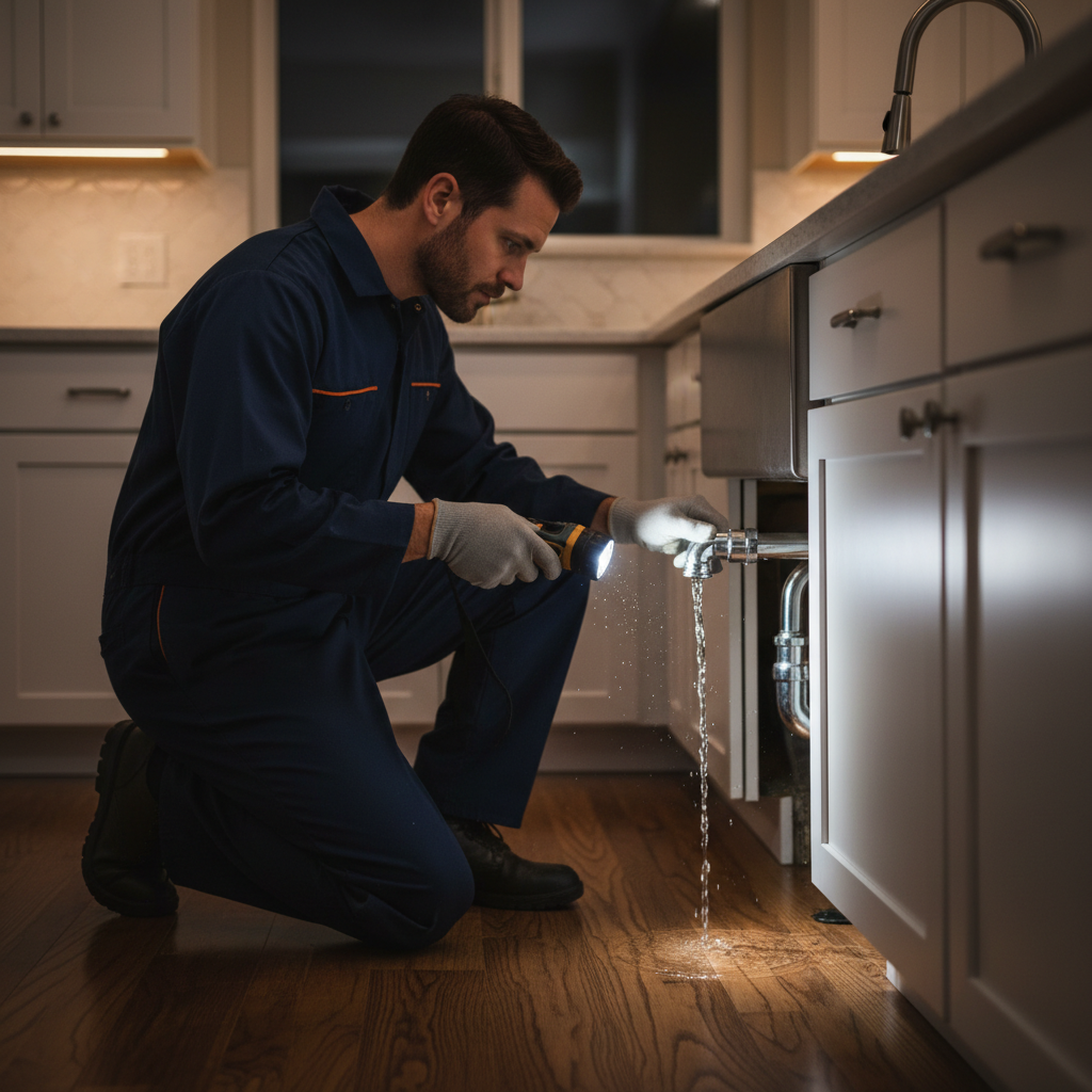 A Murgreen Environmental plumber assessing an emergency leak under a sink in a Patterson, California home.