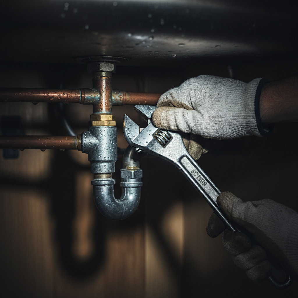 A professional Murgreen plumber working on an emergency pipe repair under a kitchen sink in a Ripon, CA home.