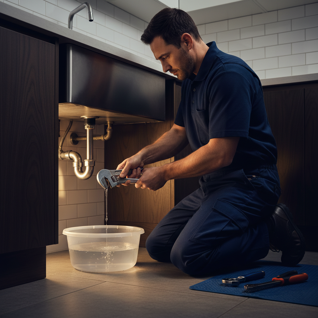 A licensed plumber from Murgreen Environmental fixing an emergency pipe leak under a sink in a Turlock, California home.