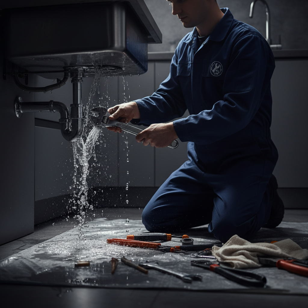 A certified Murgreen plumber working on an emergency pipe repair under a kitchen sink in a Visalia home.