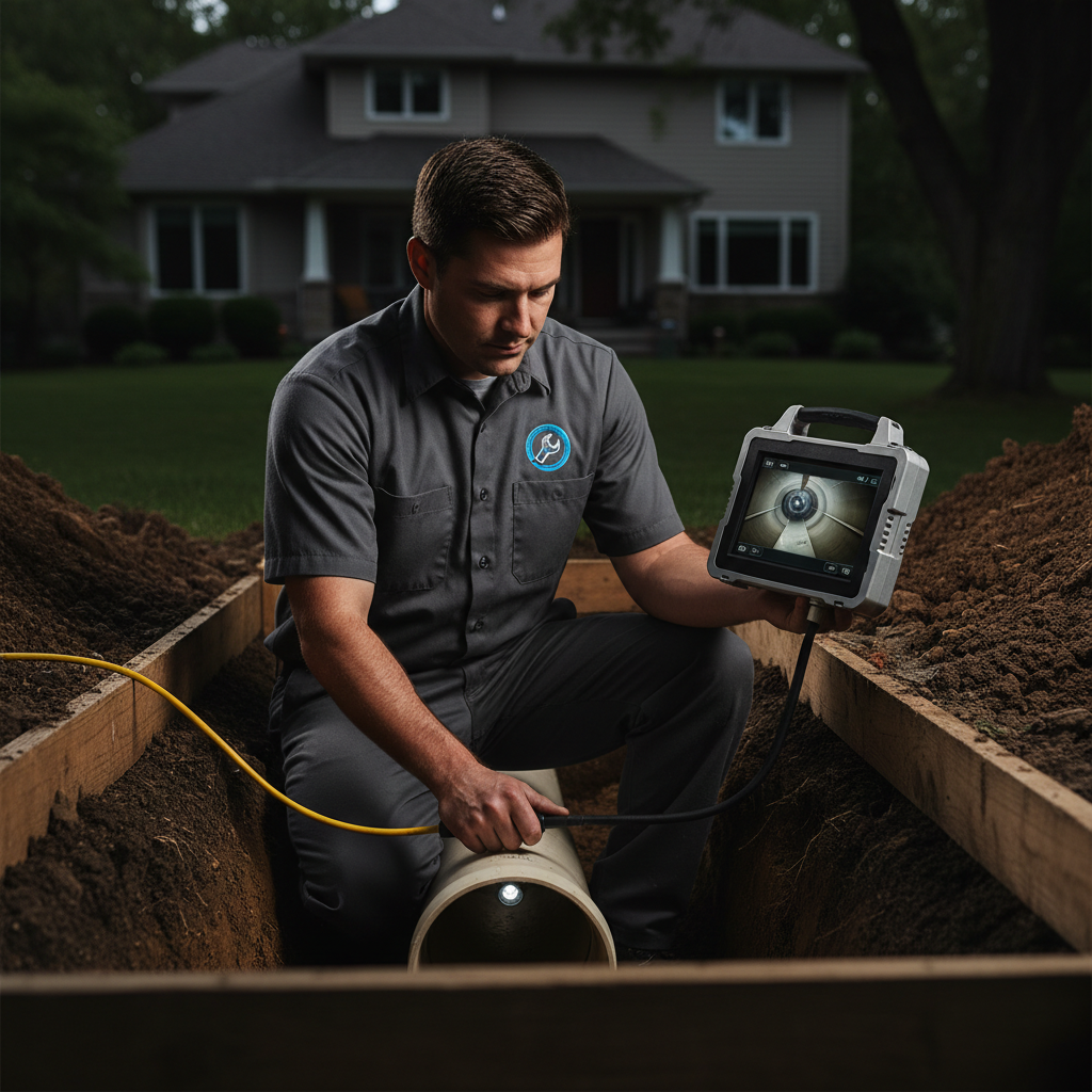 A professional Murgreen technician inspecting a section of residential pipe in a clean, well-lit trench in Dublin, CA.
