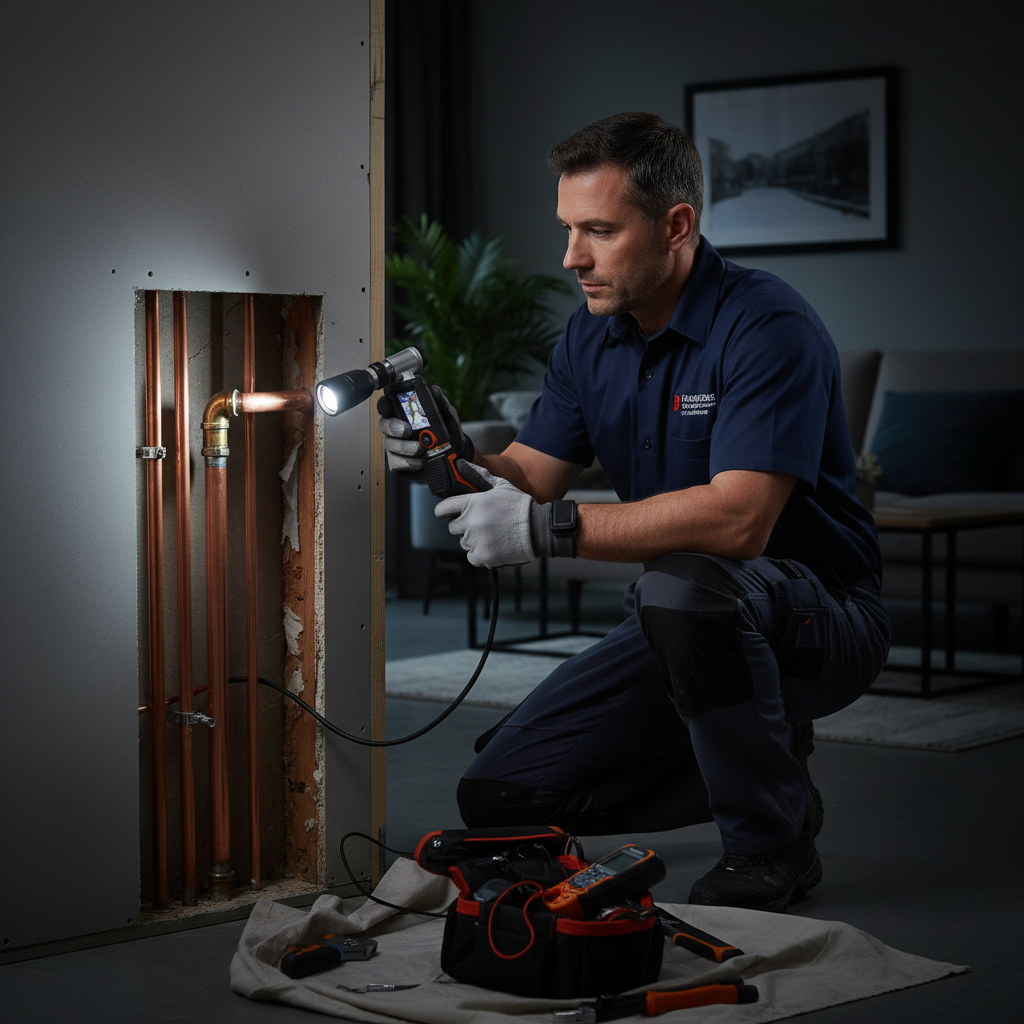 Murgreen Environmental technician performing a professional pipe repair inside an Oakland, California home.
