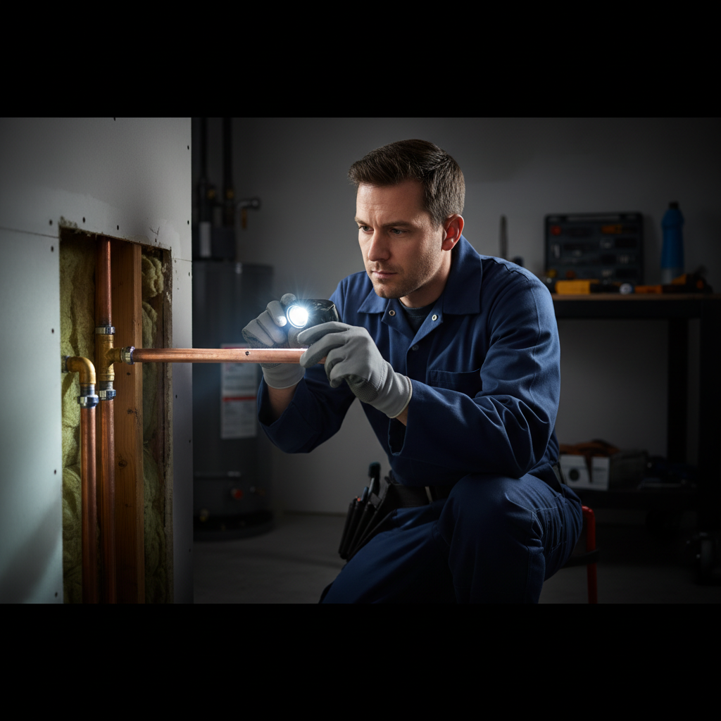 A licensed plumber from Murgreen carefully inspects a copper pipe section in a Brisbane home.