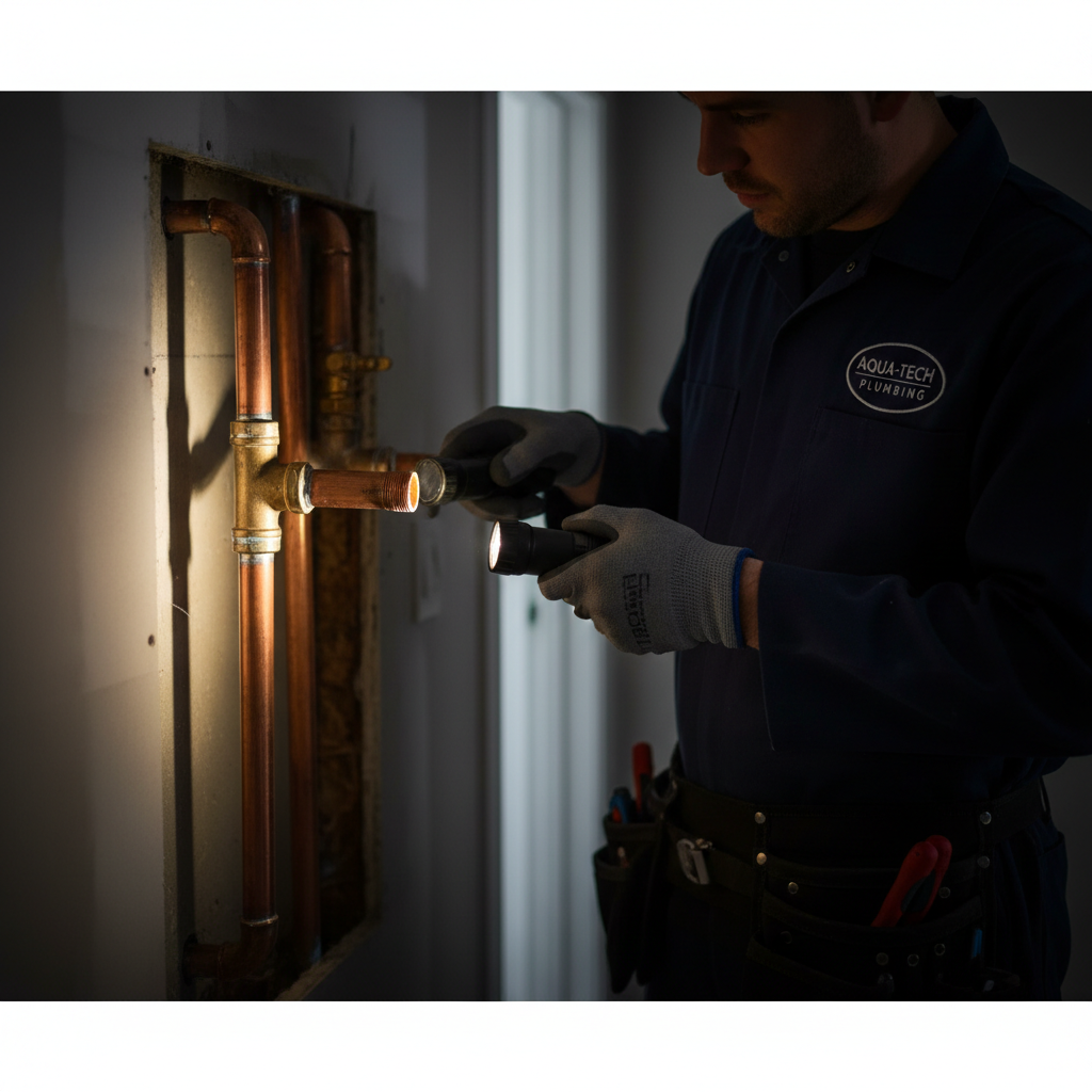 A professional Murgreen technician inspecting a section of residential copper pipe in a Livermore, CA home.