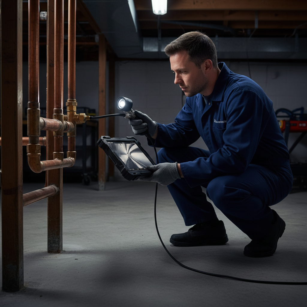 A Murgreen professional technician inspecting a residential water pipe with advanced diagnostic tools in a Stockton, CA home.