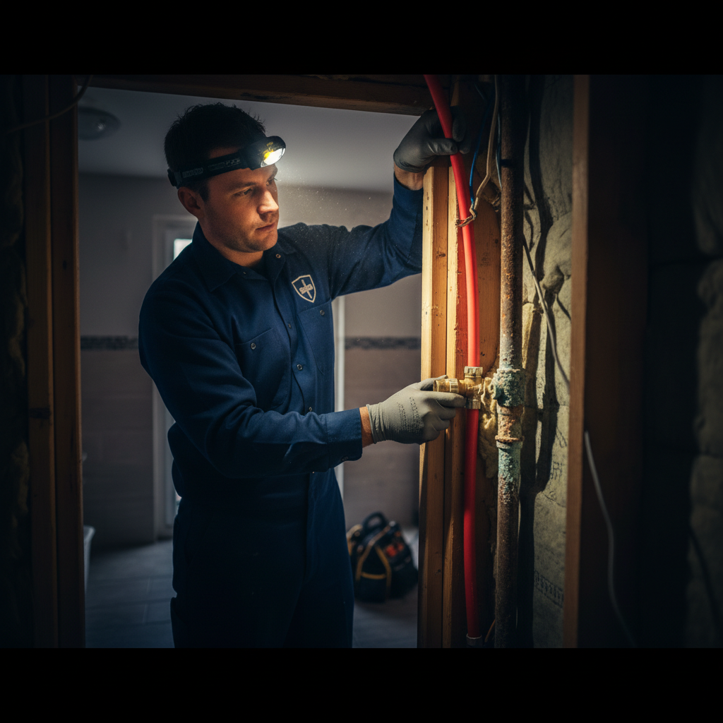Murgreen Environmental technician professionally repairing a damaged residential water pipe in a Tracy, California home.