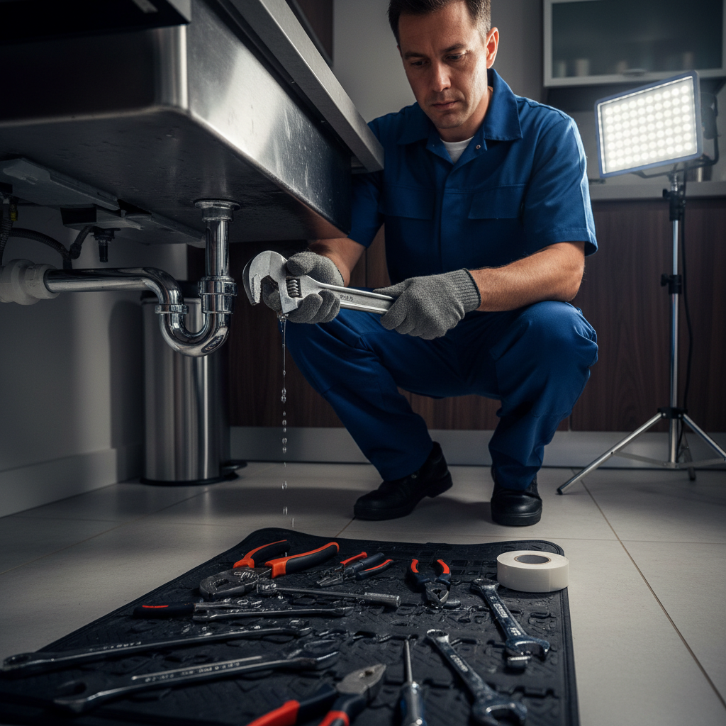A licensed Murgreen plumber working on an emergency pipe leak under a kitchen sink in an Alameda, CA home.