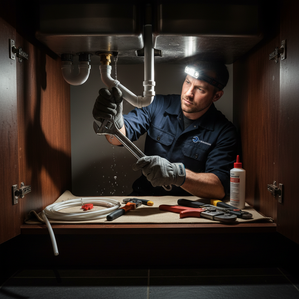 A licensed plumber from Murgreen Environmental Company fixing a burst pipe under a kitchen sink in a Hillsborough home.