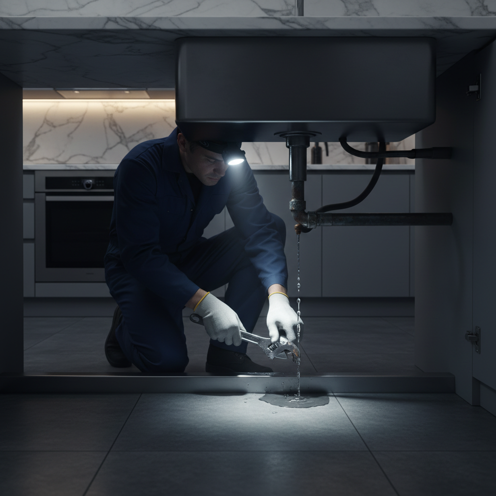 A licensed Murgreen Environmental plumber using a wrench to fix a burst pipe under a kitchen sink in an Antioch, California home.
