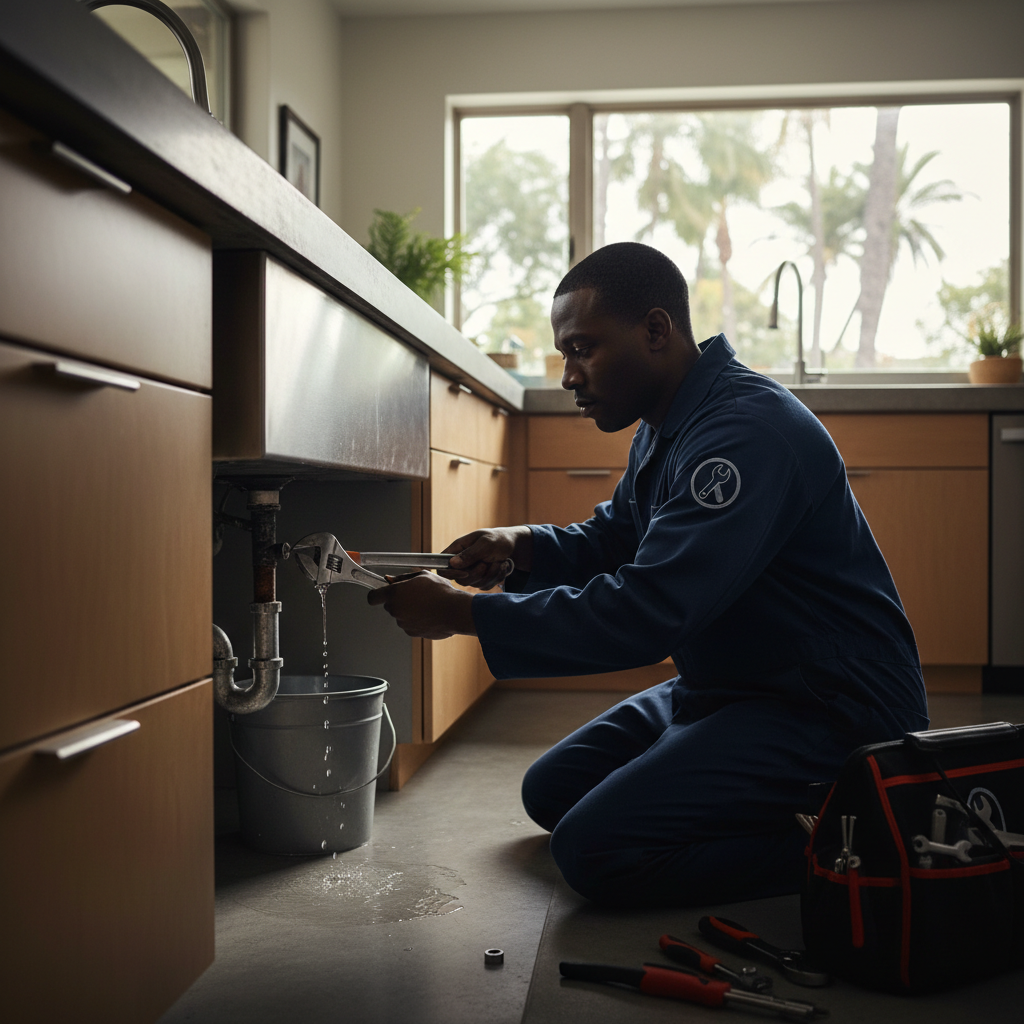A Murgreen Environmental plumber fixing an emergency pipe leak under a kitchen sink in a Brentwood, California home.