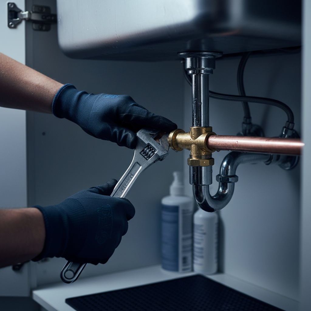 A certified Murgreen Environmental plumber using a wrench to fix a leaking pipe under a kitchen sink in a Lathrop, CA home.