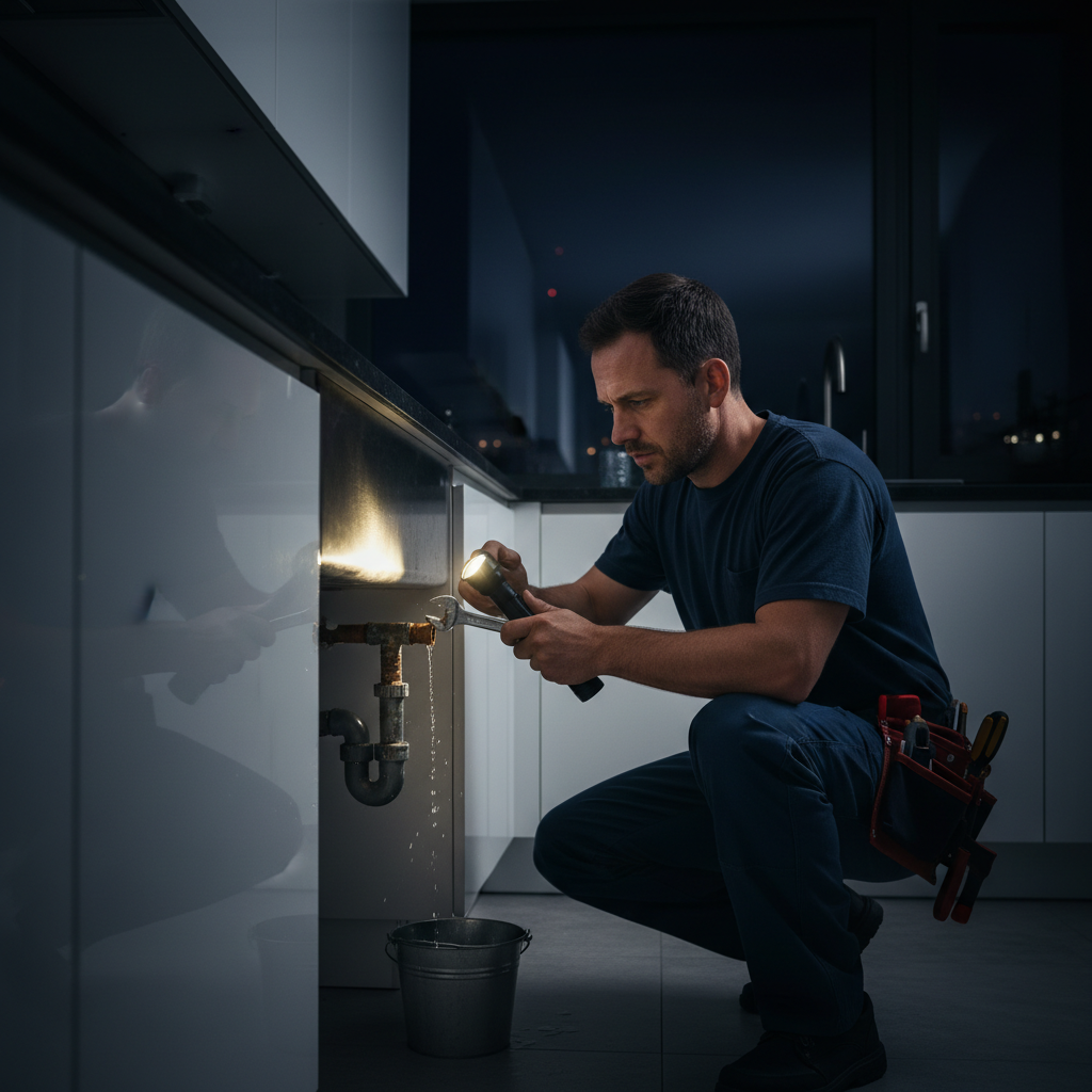 A licensed Murgreen Environmental plumber working on a burst pipe under a sink in a Milpitas, CA home.