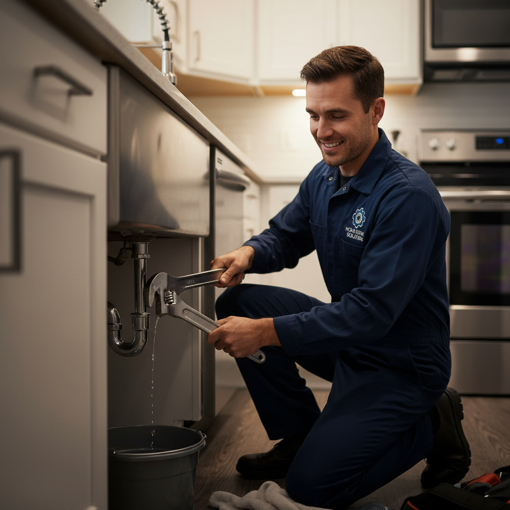 A professional Murgreen plumber working diligently under a sink to fix an emergency leak in a Mountain House home.