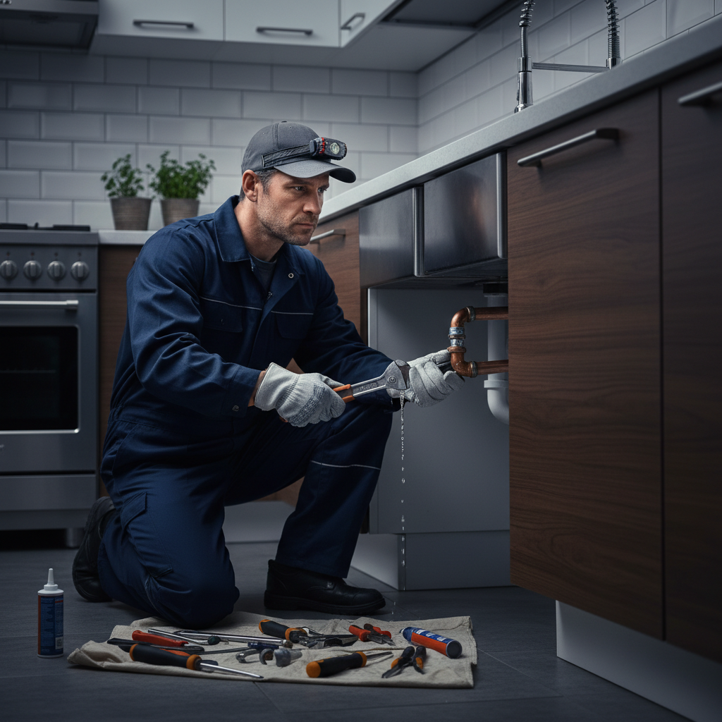 A Murgreen Environmental Company plumber fixing a burst pipe under a kitchen sink in a Pinole, CA home.