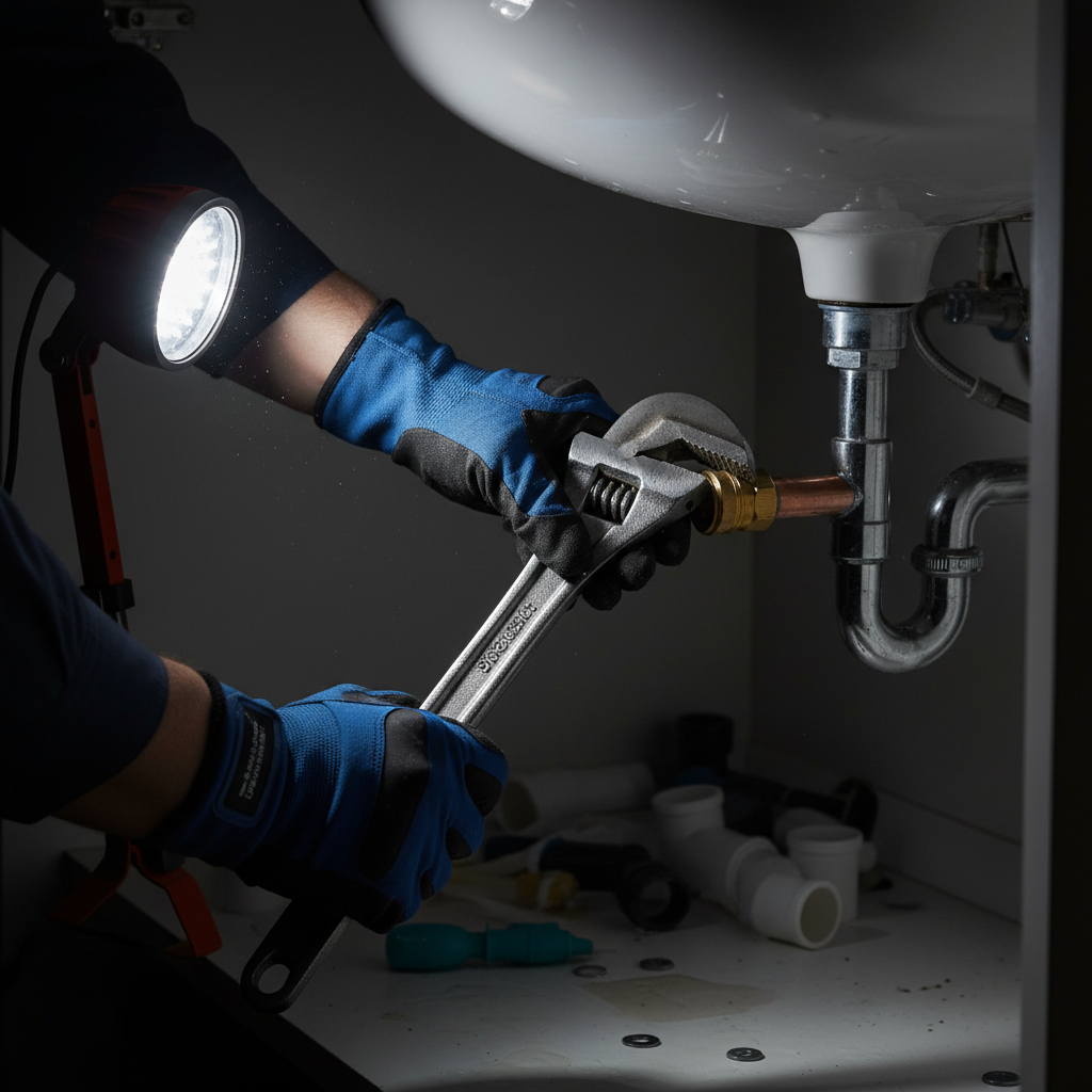 A Murgreen Environmental Company plumber uses a wrench to fix a leaking pipe under a kitchen sink in a Pittsburg, CA home.