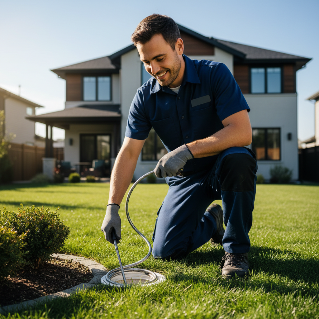 A certified Murgreen Environmental technician inspecting a sewer lateral access point in an Oakland, CA backyard.