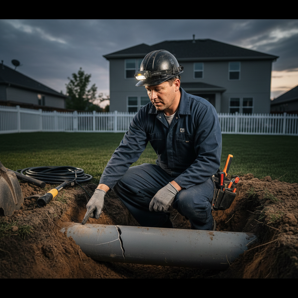 A professional Murgreen Environmental plumber inspecting a damaged PVC pipe section in a neatly excavated trench in a suburban Tracy, CA backyard.