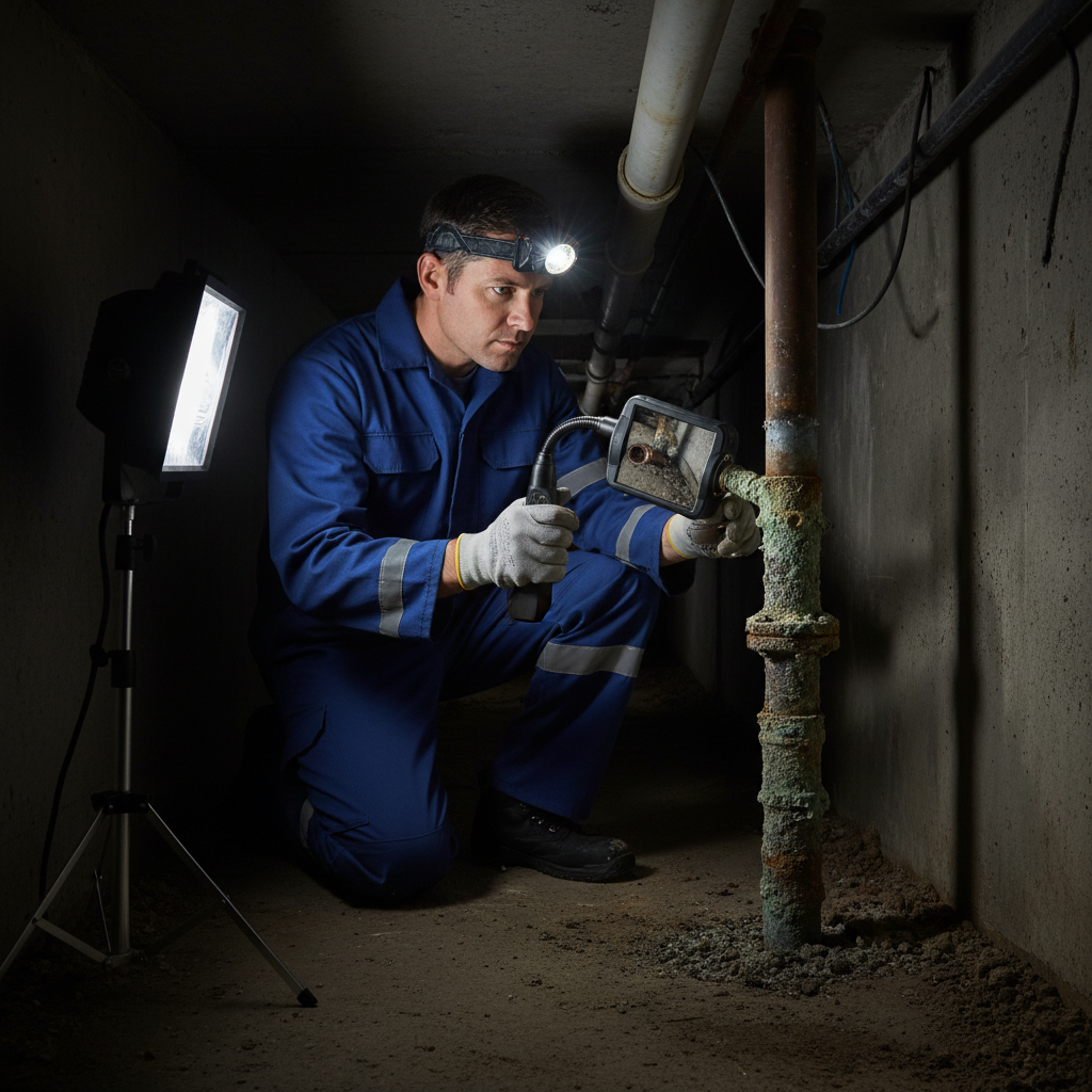 Professional plumber from Murgreen inspecting a damaged residential water pipe in a Lodi, California home.