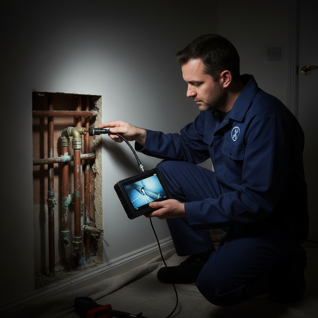 Professional Murgreen technician inspecting a residential water pipe in a clean, well-lit crawlspace in Merced, CA.