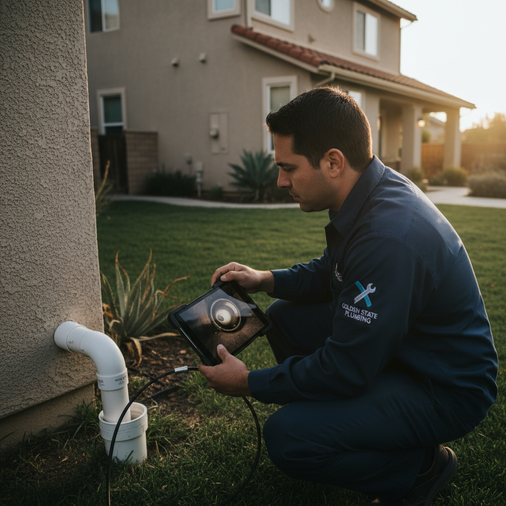 A professional Murgreen technician inspecting a residential pipe system in Modesto, CA using advanced diagnostic tools.
