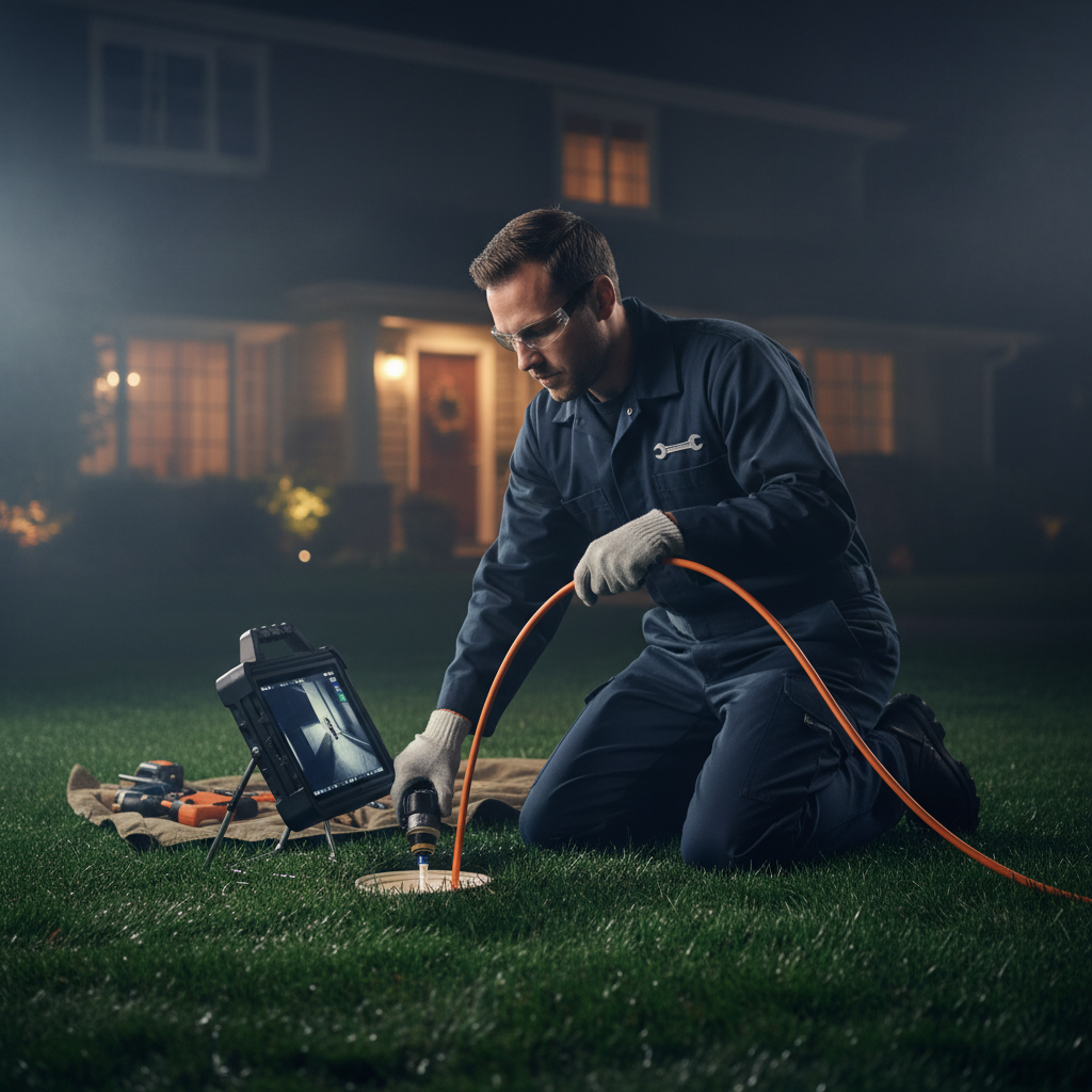 A professional Murgreen technician inspecting a sewer access point on a residential property in Ripon, CA.