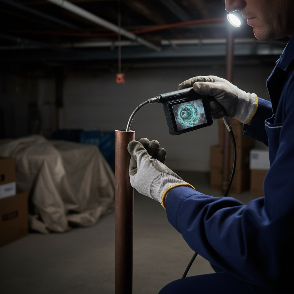 Murgreen Environmental technician inspecting a residential water pipe with advanced diagnostic equipment in an Antioch, California home.