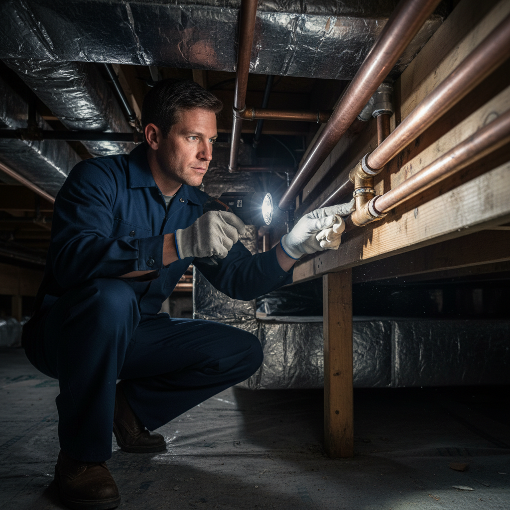 Professional plumber from Murgreen Environmental inspecting a section of exposed pipe in a Brentwood, CA home.