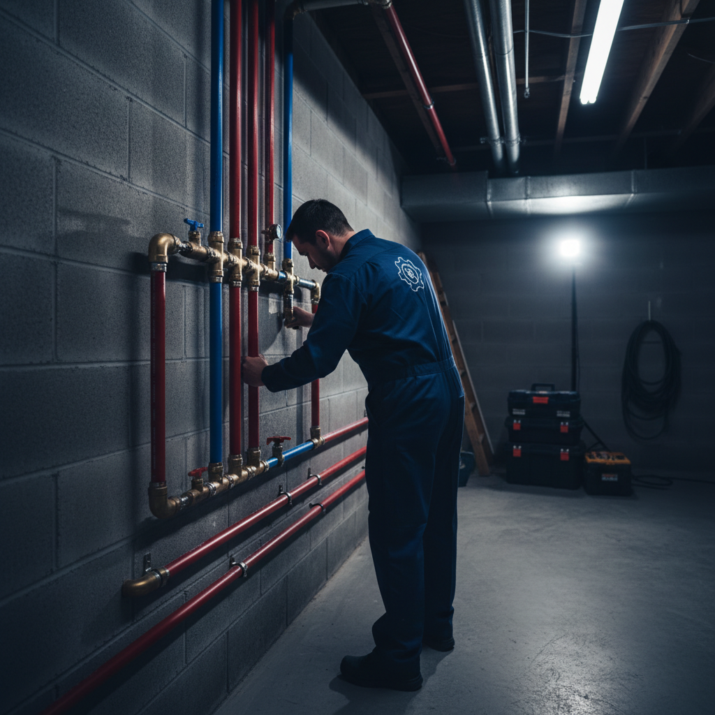Professional pipe repair technician from Murgreen Environmental inspecting a water line in a Ceres, California home.