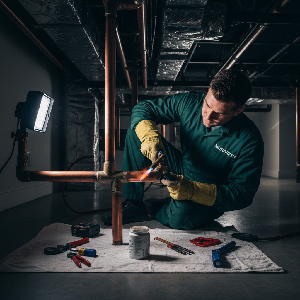 A licensed Murgreen Environmental plumber performing a professional pipe repair on a copper water line in a Concord, California home.